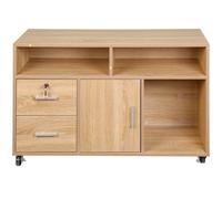 BAKAJI Meuble Multifonction pour imprimante en Bois avec 3 étagères, 2 tiroirs avec clé et 1 Armoire avec Compartiments, Meuble de Bureau avec roulettes Mobiles, 100 x 35 x 65 cm (chêne)