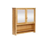 Armoire de toilette HWC-B18 3 étagères 2 portes miroir bambou 62x66x15cm