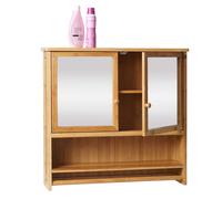 Armoire de toilette HWC-B18, armoire de toilette suspendue, 3 étagères 2 portes miroir bambou 62x66x15cm