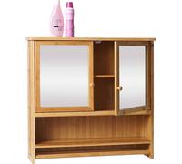 Armoire de toilette HWC-B18, armoire de toilette suspendue, 3 étagères 2 portes miroir bambou 62x66x15cm