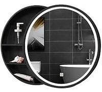 Armoire de Toilette Ronde avec Miroir éclairé par LED, Armoire de Rangement Murale, Armoire à Pharmacie avec Miroir, Miroir Coulissant de Rangement en Bois à 3 Niveaux, Interrupteur Tactile