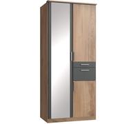 Armoire de chambre - VOLOS - Chene poutre / Graphite - 3 portes - 1 porte miroir - 2 tiroirs - 90 x 58 x 199 cm Chene poutre / Graphite