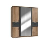 Armoire Décor Chene & Graphite 6 portes battantes Miroirs 4 tiroirs L180 P58 H199
