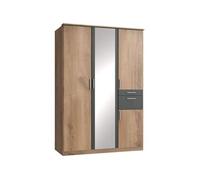 Armoire Décor Chene poutre & Graphite 4 portes battantes Miroir 2 tiroirs L135 P58