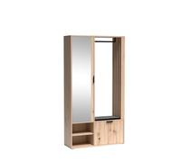 Armoire d'entrée 100 cm de large avec coussin de siège miroir, rangement à chaussures, porte-manteau et porte-vêtements avec rangement, finition chêne artisanal