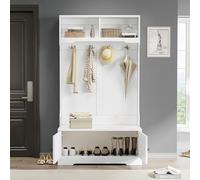 Armoire d'entrée avec 4 crochets, 2 compartiments de rangement ouverts, porte-manteaux et chaussures Blanc avec espace de rangement inférieur pour manteaux et chaussures