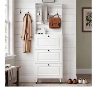 Armoire d'entrée compacte 3 portes battantes en MDF blanc, meuble à chaussures avec patères et espace penderie 66x17x180cm