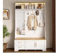 Armoire d'entrée multifonction avec éclairage LED miroir crochets et tiroirs - Garde-robe pour hall avec rangement intégré