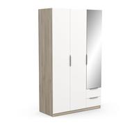 Armoire Dressing avec Miroir & Penderie Moderne 3 Portes 2 Tiroirs 4 Niches - Coloris Chêne Kronberg & Blanc Mat - 120 x 50 x 200 cm