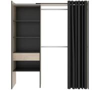 Armoire dressing extensible avec rideau + 1 tiroir coloris naturel/graphite - Longueur 110-160 x Hauteur 203 x Profondeur 50 cm