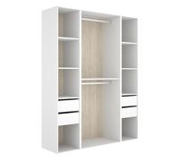 Armoire dressing ouverte avec fond arrière réversible, penderie avec 2 tringles, étagères et 4 tiroirs, coloris blanc/naturel