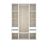 Armoire dressing ouverte avec fond arrière réversible, penderie avec tringle, étagères et 4 tiroirs, coloris blanc/naturel