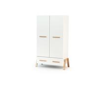 AT4 - Armoire enfant 2 portes en bois CANAILLE Blanc et Hêtre 108 x 53 x176 cm | 6 étagères dont 4 sont réglables en hauteur et une penderie