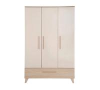 Armoire Enfant Sidney - 3 Portes + 1 Tiroir - Poignées Et Pieds En Bois Massif - Beige / Décor Chêne Beige