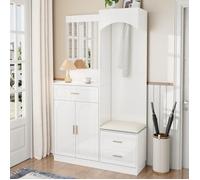 Armoire Entrée Moderne 110x33x185.5Cm Rangement Compact Chaussures Miroir Placard Etagère Multifonction Combinaison Meuble,Blanc