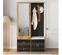 Armoire Entrée Moderne Noir - Meuble Bois Avec Miroir, Rangement Chaussures,Tabouret Pratique, Crochets Et Porte-Cintres