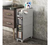 Armoire étroite à 5 niveaux avec grande capacité de rangement latérale pour toilettes, portes transparentes et roulettes, commode étroite pour les petits espaces et les espaces dans la salle de bain