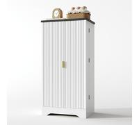 Armoire garde-manger colonne cuisine double-porte éclairage LED capteur étagères réglables casiers-portes épices intégrés meuble fermé antipoussière plateau supérieur console poignée métal (Blanc)