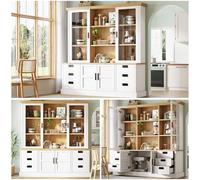 Armoire haute avec 6 grands tiroirs et portes en verre - Vitrine avec protection anti-basculement et rails métalliques - Armoire de rangement comme buffet ou armoire de buffet pour cuisine et salle à
