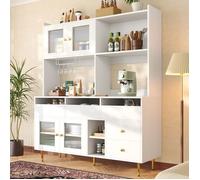 Armoire haute de Restaurant-145x39x171cm Buffet de rangemen, Rangement multicouche avec casier à vin, Porte Verre Texturé-Blanc