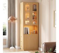 Armoire haute étroite avec vitrine et éclairage LED - Bibliothèque 60 x 40 x 200 cm, tiroirs latéraux, porte en verre de sécurité, LED multicolore, montage réversible, protection anti-basculement