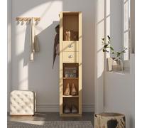 Armoire Haute pivotante avec Miroir,Bibliothèque, Étagère à 6 Niveaux et 2 tiroirs,Meuble de Rangement à 6 étagères,Armoire de Salle de Bain,5 Compartiments, Couleur Bois,Design Moderne,35x40x165cm