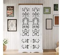 Armoire haute romantique de style rococo - Blanc avec décor en bois, chêne massif, 2 tiroirs et 5 étagères réglables, armoire avec portes perforées pour salon, chambre à coucher et bureau