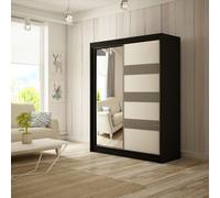 Armoire Lotus de style moderne 2x portes coulissantes 120 cm Armoire avec miroir Armoire avec bandes en verre brillant pour meubles, largeur : 120 cm, couleur : noir + gris brillant