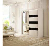 Armoire Lotus en style moderne 2x portes coulissantes 200 cm Armoire avec miroir Armoire avec meubles moulures en verre en haute brillance, largeur : 200 cm, couleur : blanc + noir haute brillance