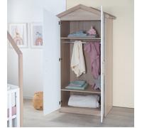 Armoire Maisonnette 2 Portes ROBA - Cabane - 1 Tringle et 2 Étagères - Poignées en Bois Massif - Blanc - Chêne