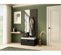 Armoire MARGARET II, couleur : noir + lattes travaillées + beige clair, avec miroir