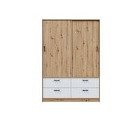 PEGANE Armoire, Meuble de Rangement avec 2 Portes et 4 tiroirs Coloris Blanc Artic, chêne Nordique - Hauteur 200 x Longueur 140 x Profondeur 60 cm