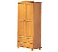 Armoire, meuble de rangement en pin massif coloris miel avec 2 portes et 2 tiroirs - Longueur 90 x Profondeur 52 x Hauteur 197 cm - PEGANE -