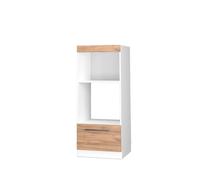 Vicco Armoire micro-ondes "Fame-Line", Chêne doré/Blanc 60 cm | ✓ Niche pour four · Coulisses métalliques à extension totale · Pieds réglables en hauteur · Poignées en métal