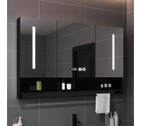 Armoire miroir anti-buée avec lumière LED intelligente, affichage de l'horloge/de la température, interrupteur tactile, étagère de rangement à 3 couches et barre porte-serviettes pour salle de bain