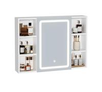 Armoire Miroir de Salle de Bain, avec LED, Meuble Mural Toilette Rangement avec 4 Étagères Ouvertes Latérales Réglables, Prise et Éclairage Orientable avec Interrupteur Tactile, 15 x 60 x 80 cm, Blanc
