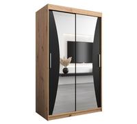 Armoire Monaco 120 Avec 2 Portes Coulissantes et Miroir - Corps Chêne Artisan, Façade Noir Mat - 62x120x200cm - ABIKSMEBLE
