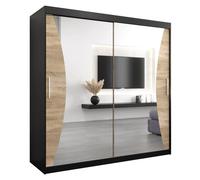 Armoire Monaco 200 Avec 2 Portes Coulissantes et Miroir - Corps Noir Mat, Façade Chêne Sonoma - 62x200x200cm - ABIKSMEBLE