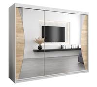 Armoire Monaco 250 Avec 2 Portes Coulissantes et Miroir - Corps Blanc Mat, Façade Chêne Sonoma - 62x250x200cm - ABIKSMEBLE