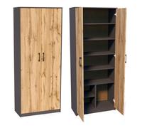 Armoire polyvalente à 8 compartiments, armoire à balais, armoire de ménage en finition mate avec 6 étagères et 2 portes, 74 cm de large en panneau stratifié et poignées en polymère en chêne graphite