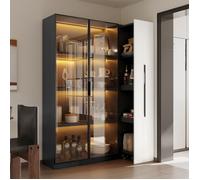 Armoire Multifonction 110,5x35x160 cm - Vitrine LED avec Porte Vitrée, Tiroir Latéral Extractible - Meuble de Rangement Haute - Noir