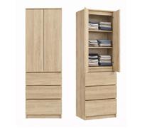 Armoire multifonction 2 portes, 3 étagères & 3 tiroirs - Meuble de rangement pour chambre ou bureau - 50x40x180 cm - Sonoma