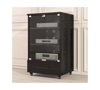 Armoire multimédia moderne avec porte en verre trempé, étagères réglables et gestion des câbles, support stéréo à 3 niveaux pour tourne-disque et divertissement à domicile