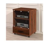 Armoire multimédia moderne en noyer avec portes en verre trempé, étagères réglables et gestion des câbles, support de tourne-disque à 3 niveaux pour divertissement à domicile