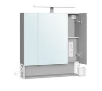 Armoire murale - 3 portes - Miroir - Multiprise - Panier suspendu - Support sèche-cheveux - Gris