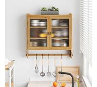 Armoire Murale avec Porte Vitrée de Style Vintage, Meuble Murale avec Trois Niveaux Rangement, Armoire Salle de Bain Suspendue avec Porte-serviettes, pour Cuisine, Couleur Bois D'origine, 63x60x18 cm