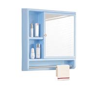 Armoire murale compacte bleue avec miroir, rangement ouvert, pas de montage nécessaire, idéale pour salle de bain, chambre à coucher et dressing.