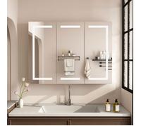 Armoire Murale de Salle de Bain avec Miroir à Lumières LED, Elément Suspendue, 3 Portes, Étagères,120 x 13 x 90 CM, Blanc