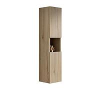 Armoire murale de salle de bain étroite avec deux portes et un compartiment ouvert, armoire de rangement moderne en grain naturel, peu encombrante pour salle de bain, salon ou buanderie (chêne blanc)