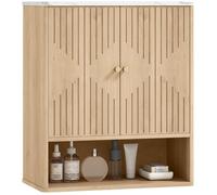 HOMCOM Armoire Murale de Salle de Bain, Meuble de Rangement avec Compartiment Ouvert et étagère réglable, Meuble Haut de Salle de Bain Portes à Motifs en Forme de sablier, 60 x 18 x 70 cm, chêne